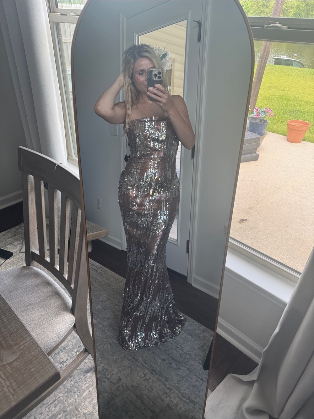 Strapless Sequin Evening Gown in Brown Silver - Picture 2 of 9